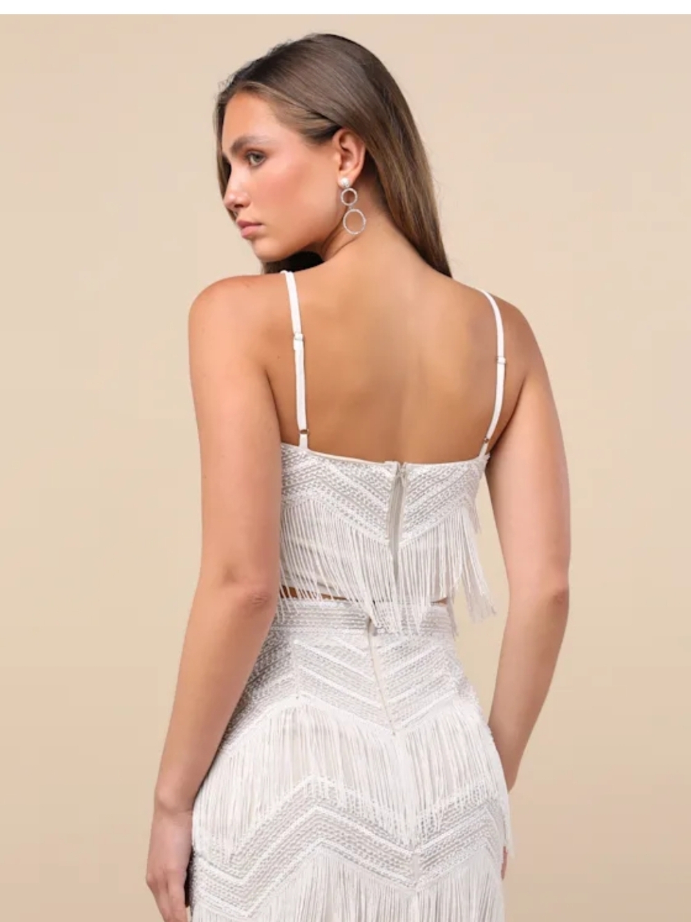 Lulu's White Fringe Beaded Mini Skirt Set - Picture 6 of 8